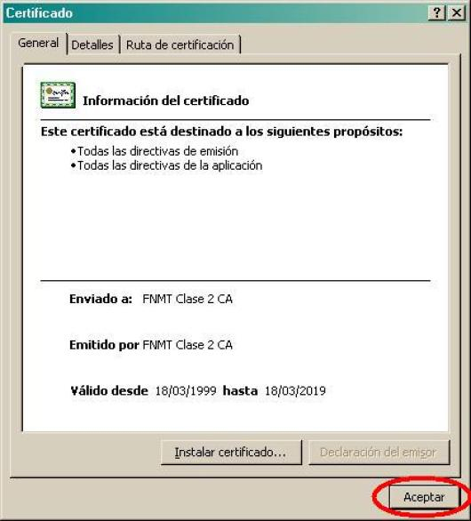 Información del certificado window
